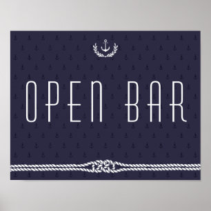 Nautical Wedding Open Bar Sign With Blue Anchors