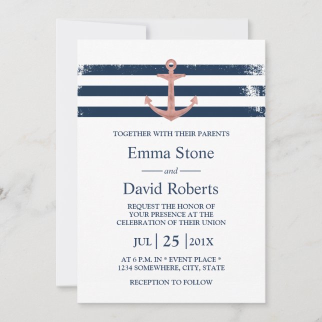 Nautical Wedding Rose Gold Anchor Navy Stripes Invitation (Front)