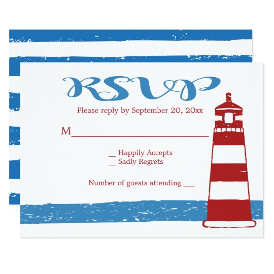 Nautical Wedding RSVP Red Lighthouse Blue Stripes Card