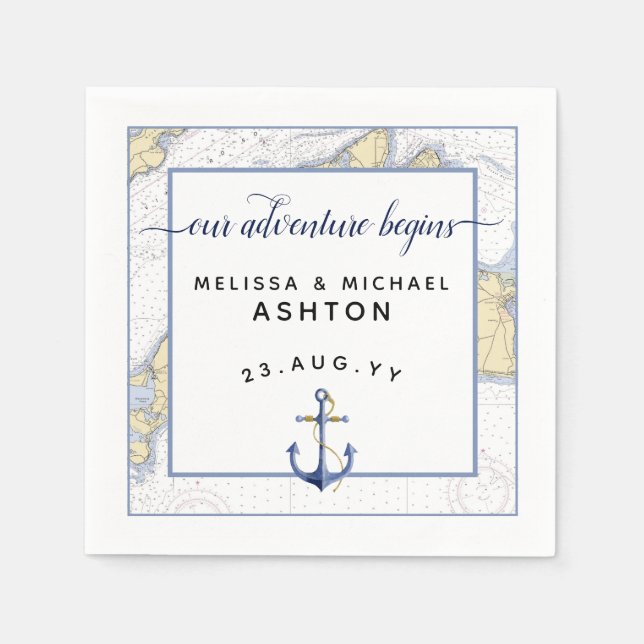 Nautical Wedding Script Typography Dated Napkin (Front)