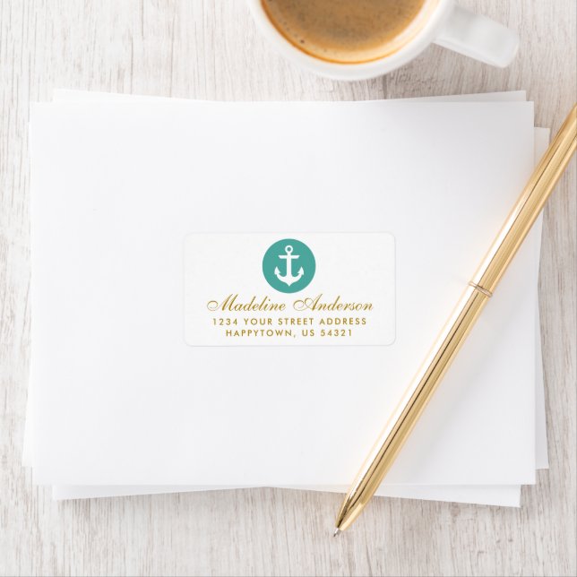 Nautical Wedding Teal Anchor Gold Address Label (Insitu)