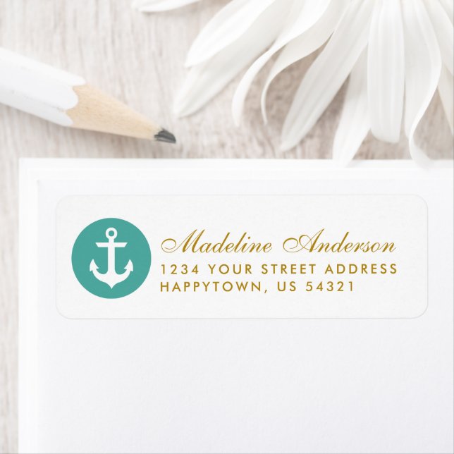 Nautical Wedding Teal Anchor Gold Return Address (Insitu)