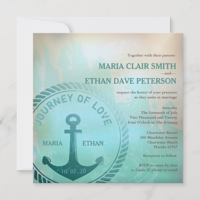 Nautical Wedding Vintage Retro Style Teal Invitation (Front)