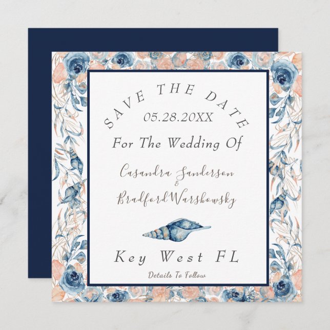 Nautical Wedding Watercolor Sea Shells Roses Save The Date (Front/Back)