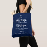 Nautical Wedding Welcome Thank You Hotel Custom Tote Bag<br><div class="desc">Your wedding and out of town guests will feel special with this nautical welcome/thank you tote bag featuring a white anchor. Personalize the bag by adding your wedding location, 2 lines of custom text and your names. Easily change the bag colour to match your wedding colours - just click on...</div>