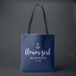 Nautical Wedding White Anchor Custom Flower Girl Tote Bag<br><div class="desc">Surprise your Flower Girl with this personalized tote bag featuring a nautical design with a white anchor set against a navy background. Customize by adding her name and your wedding date. A great size for wedding essentials: extra clothing, shoes, snacks, water, etc. The perfect go-to bag for a nautical, beach...</div>