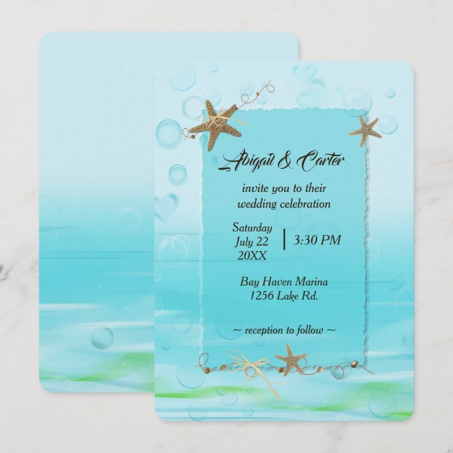 Nautical Wedding With Starfish and Bubbles Invitation (Front/Back)