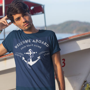 Nautical Welcome Aboard Boat Name Anchor Navy T-Shirt