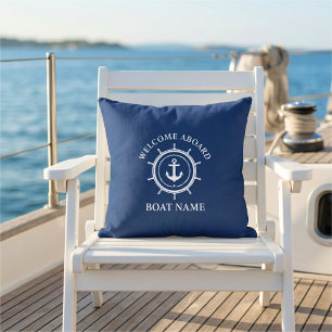 Nautical Welcome Aboard Boat Name Anchor Rope Helm Outdoor Pillow