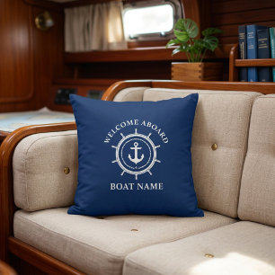 Nautical Welcome Aboard Boat Name Anchor Rope Helm Throw Pillow