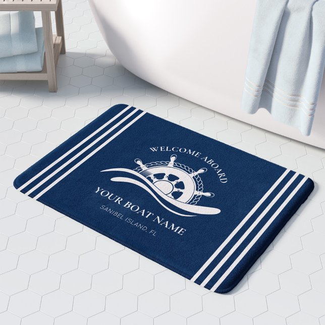 Nautical Welcome Aboard Boat Name Ship Wheel  Bath Mat (Creator Uploaded)