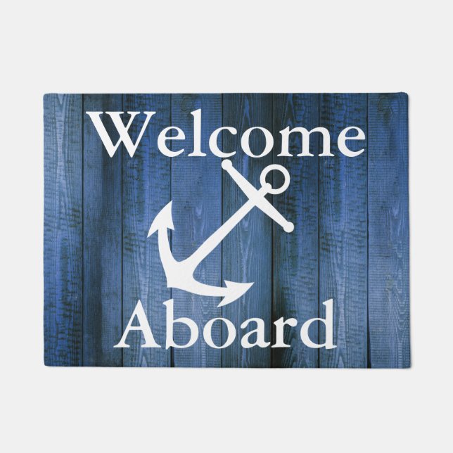 Nautical Welcome Aboard White Anchor Blue Wood Doormat (Front)
