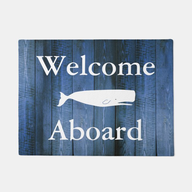 Nautical Welcome Aboard White Whale & Blue Wood Doormat (Front)
