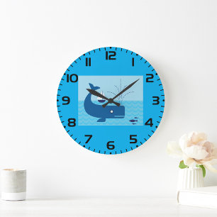 Nautical Whale and Sailboat Ocean Blue Sea Large Clock