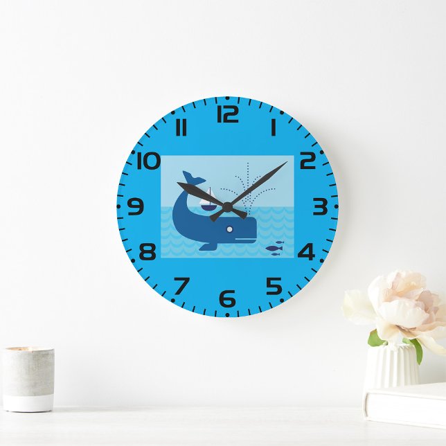 Nautical Whale and Sailboat Ocean Blue Sea Large Clock (Creator Uploaded)