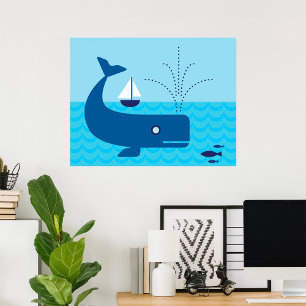 Nautical Whale and Sailboat Ocean Blue Sea Poster