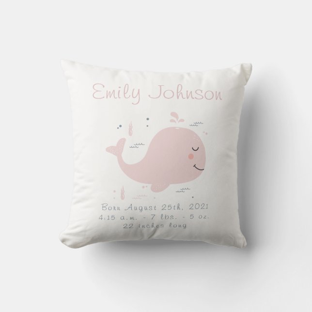 Nautical Whale Baby Birth Announcement Pillow (Front)