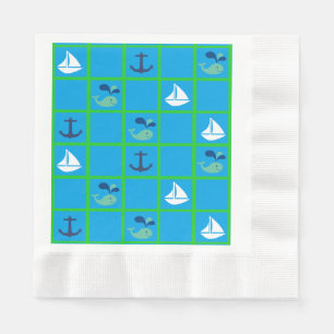 Nautical Whale, Sailboat, Anchor Blue Green Napkin