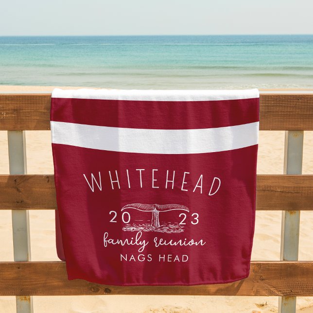 Nautical Whale Tail Stripe Red Monogram Beach Towel (Creator Uploaded)