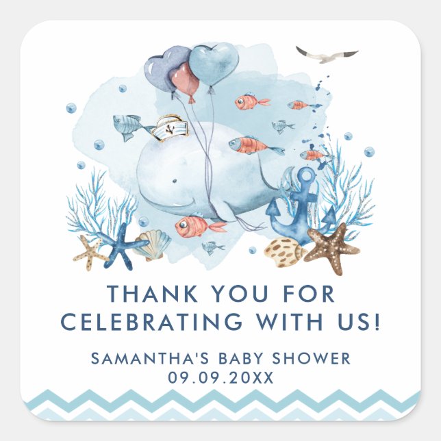 Nautical Whale Under the Sea Blue Boy Baby Shower  Square Sticker (Front)