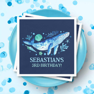Nautical Whale Under the Sea Watercolor Navy Blue Napkin