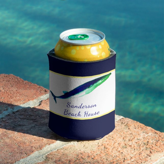 Nautical Whale Watercolor Navy Blue Yellow coastal Can Cooler (In Situ Pool)