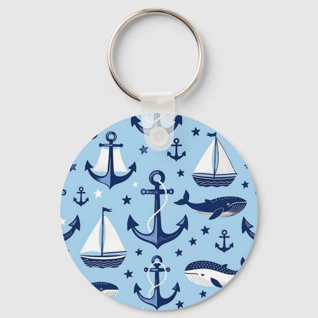 Nautical Whales Anchors Sailboats Pattern Keychain (Front)