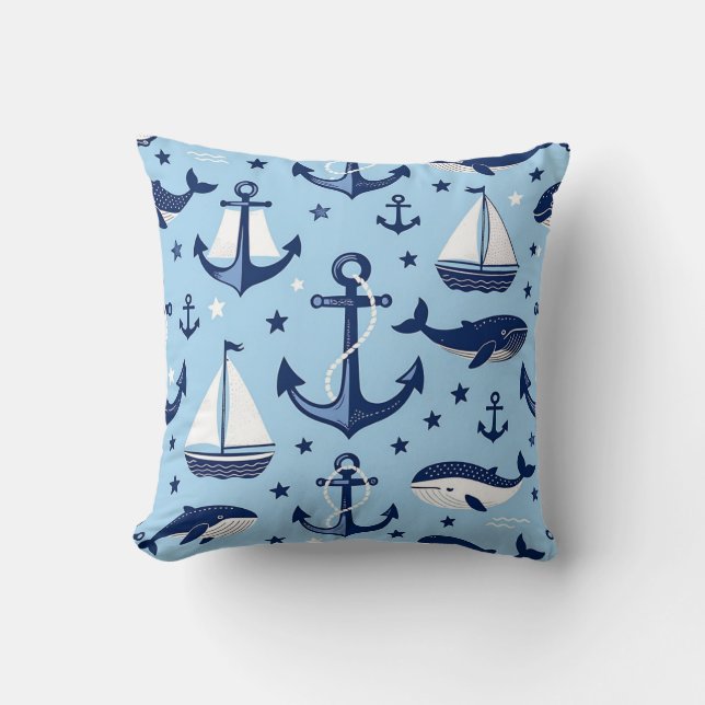 Nautical Whales Anchors Sailboats Pattern Throw Pillow (Front)