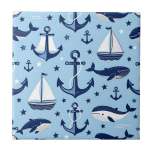 Nautical Whales Anchors Sailboats Pattern Tile