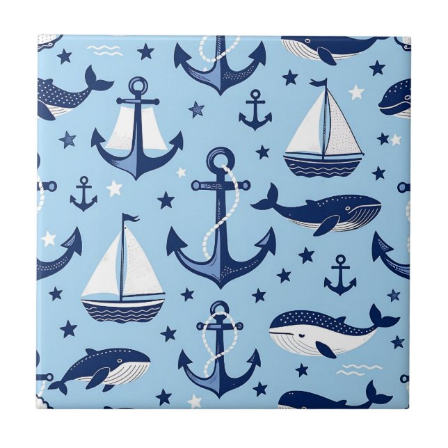Nautical Whales Anchors Sailboats Pattern Tile (Front)