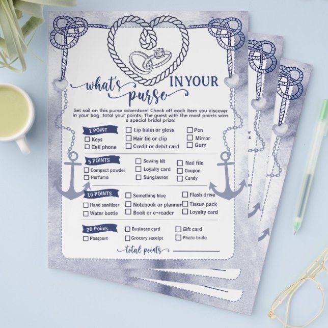 Nautical What in Your Purse Game Bridal Shower Flyer (Nautical What in Your Purse Game Bridal Shower games activities fun funny wedding beach theme marine)