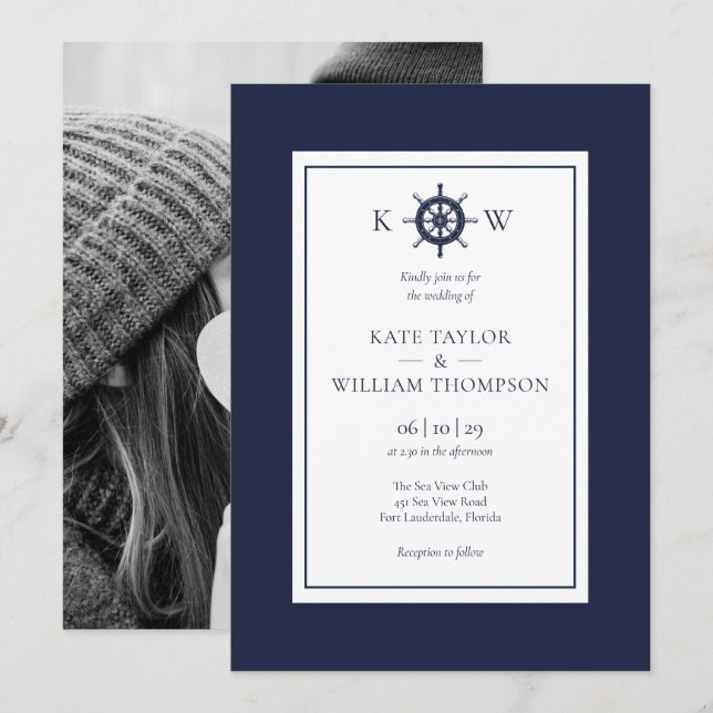 Nautical Wheel Navy Blue Monogram Wedding Photo  Invitation (Front/Back)