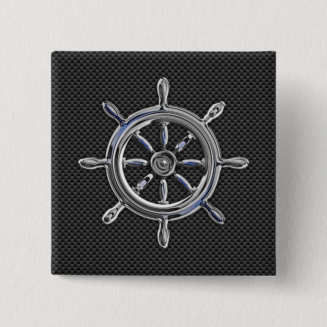 Nautical Wheel on Carbon Fibre Decor 2 Inch Square Button (Front)