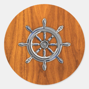 Nautical Wheel on Teak Veneer Classic Round Sticker