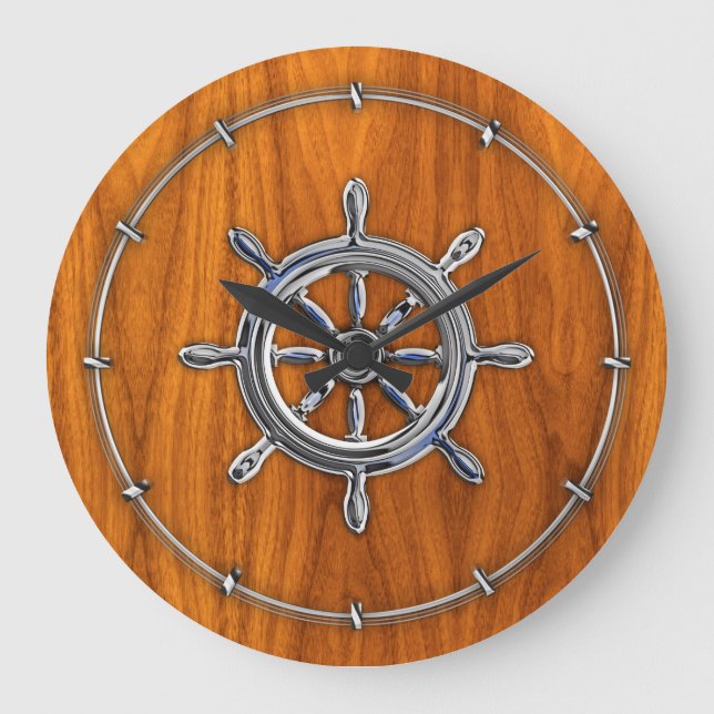 Nautical Wheel on Teak Veneer Large Clock (Front)