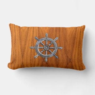 Nautical Wheel on Teak Veneer Lumbar Pillow