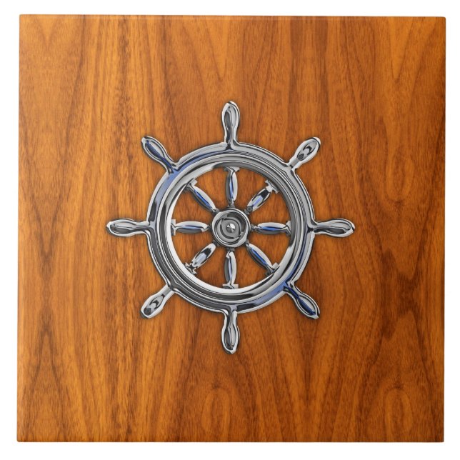 Nautical Wheel on Teak Veneer Tile (Front)