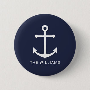 Nautical White Anchor and Custom Name on Navy Blue 2 Inch Round Button