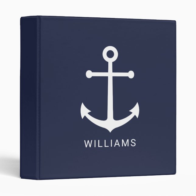 Nautical White Anchor and Custom Name on Navy Blue Binder (Front/Spine)