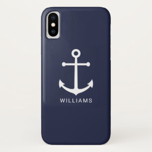 Nautical White Anchor and Custom Name on Navy Blue Case-Mate iPhone Case