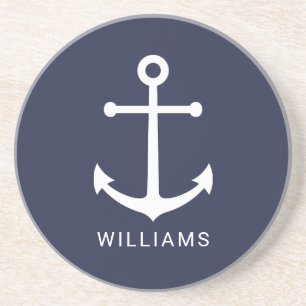 Nautical White Anchor and Custom Name on Navy Blue Coaster
