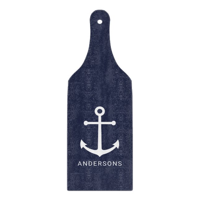 Nautical White Anchor and Custom Name on Navy Blue Cutting Board (Front)