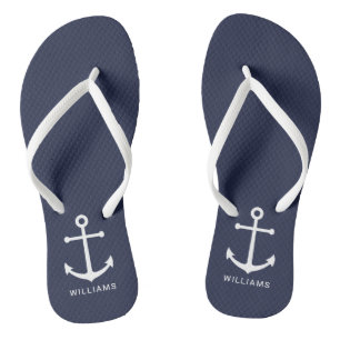 Nautical White Anchor and Custom Name on Navy Blue Flip Flops