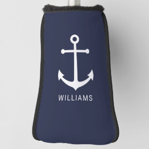 Nautical White Anchor and Custom Name on Navy Blue Golf Head Cover