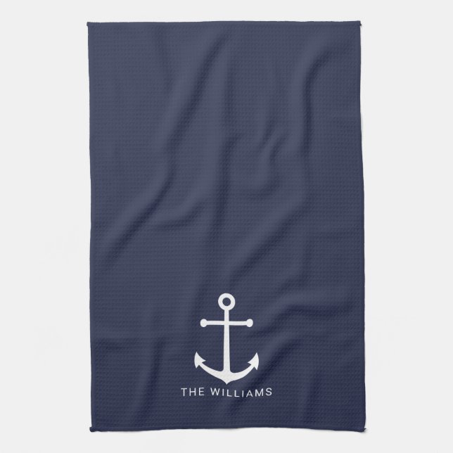 Nautical White Anchor and Custom Name on Navy Blue Kitchen Towel (Vertical)