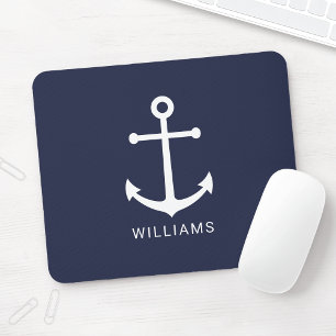 Nautical White Anchor and Custom Name on Navy Blue Mouse Pad