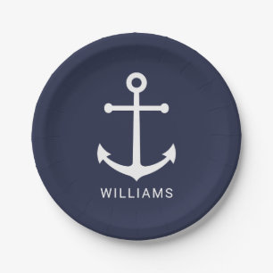 Nautical White Anchor and Custom Name on Navy Blue Paper Plate
