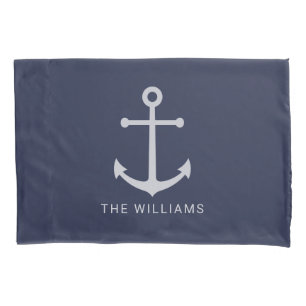 Nautical White Anchor and Custom Name on Navy Blue Pillowcase