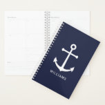 Nautical White Anchor and Custom Name on Navy Blue Planner<br><div class="desc">Modern Minimalist Nautical Planner featuring white anchor with personalized name in white modern sans serif font style on navy blue background.
Perfect as gift for new year's day and any special occasions.</div>