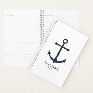 Nautical White Anchor and Custom Name on Navy Blue Planner
